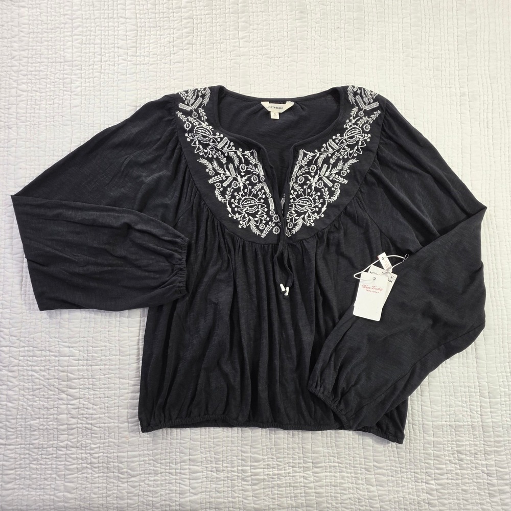 Lucky Brand NWT Black Embroidered Boho Peasant Blouse Top Puff Sleeve Medium NWT